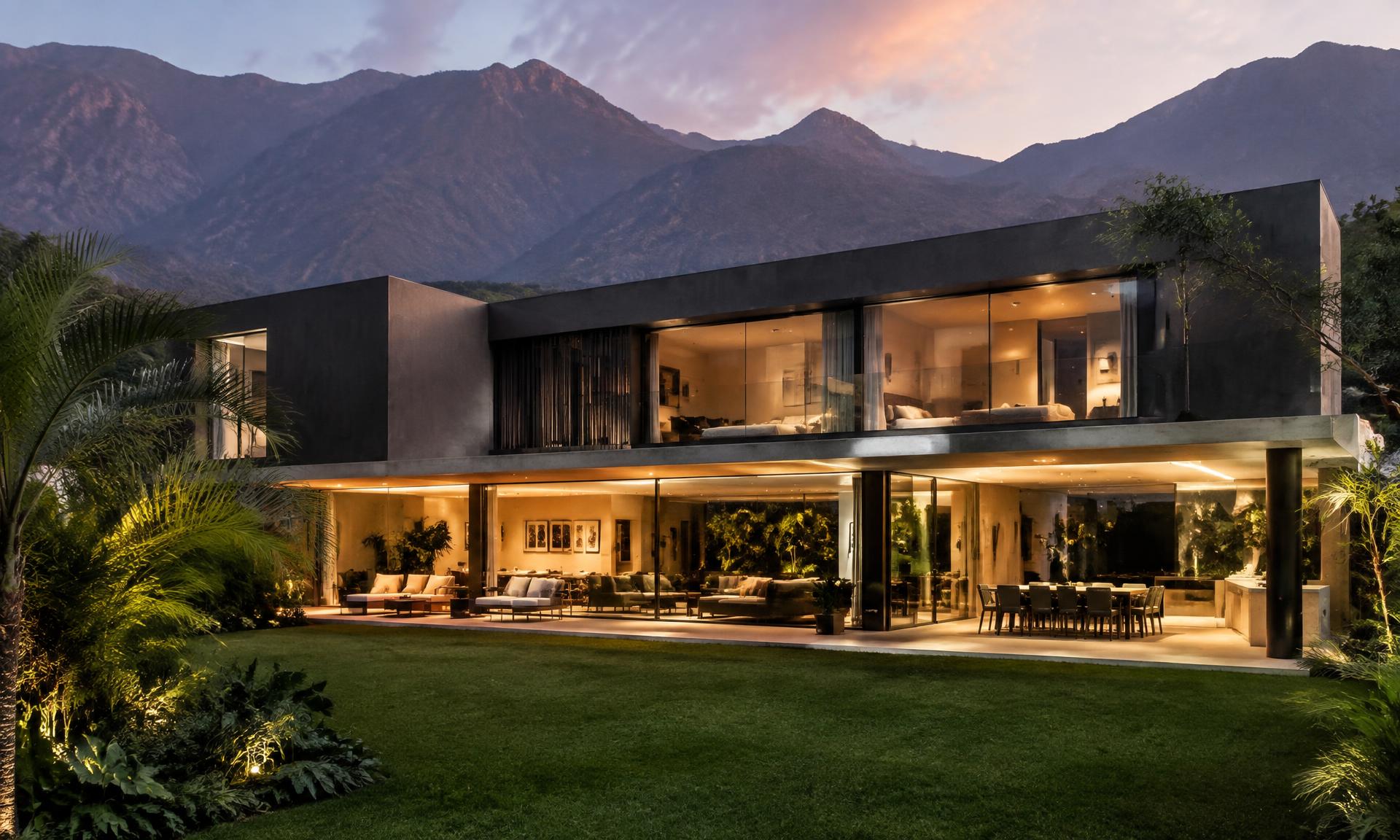 Casa moderna con jardín al atardecer frente a las montañas